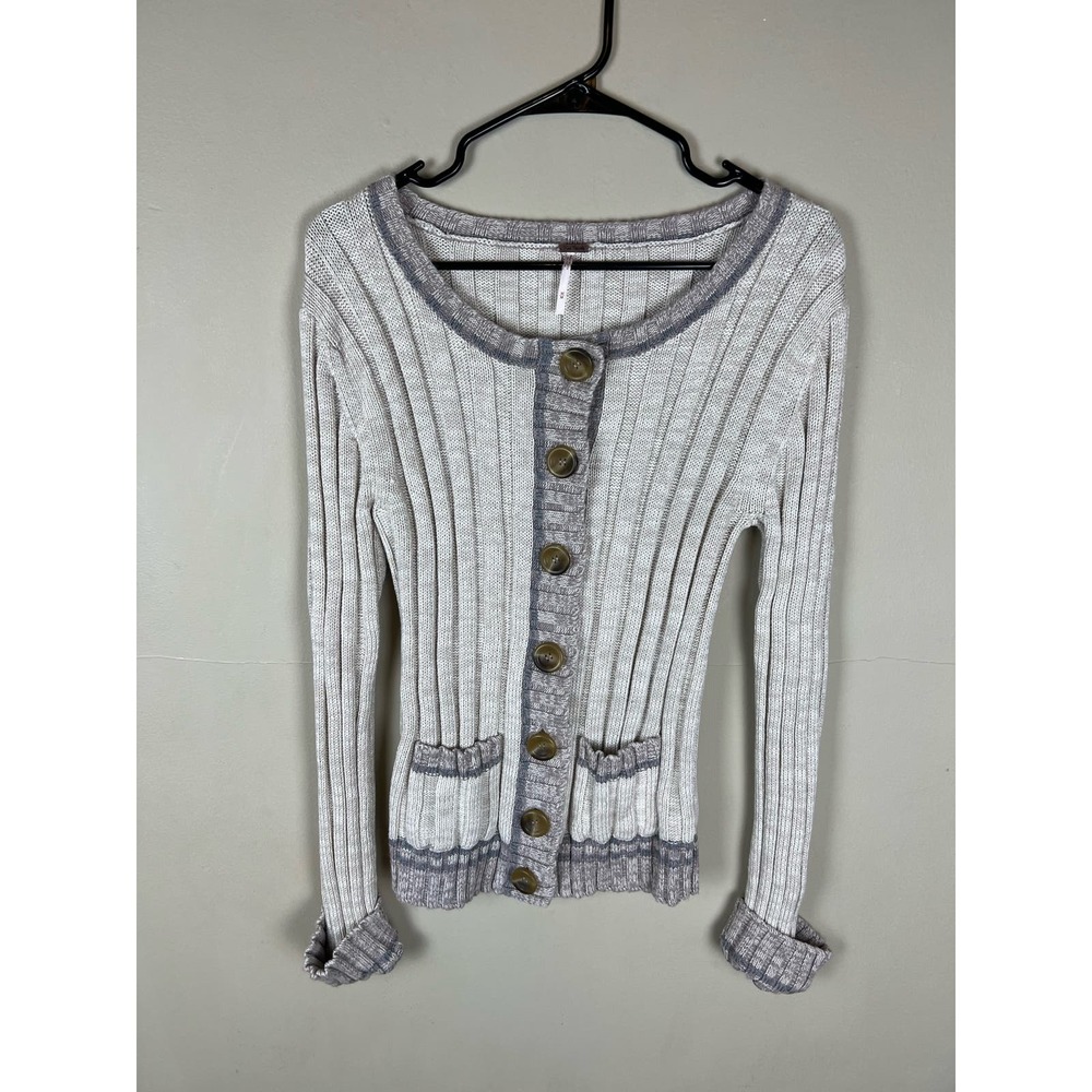 Free People Ribbed Button-Up Cardigan in Light Gray with Heathered Trim